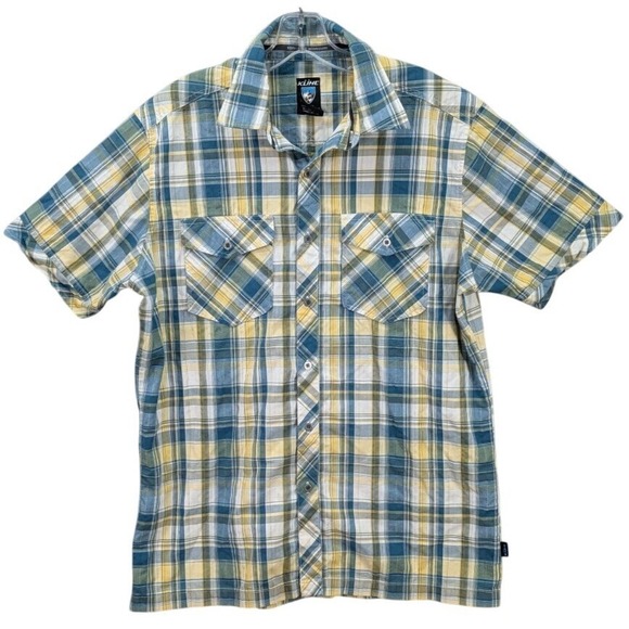 Kuhl Suncel Shirt Mens M Yellow Blue Plaid Button Up Short Sleeve Outdoor Hiking - Picture 1 of 10